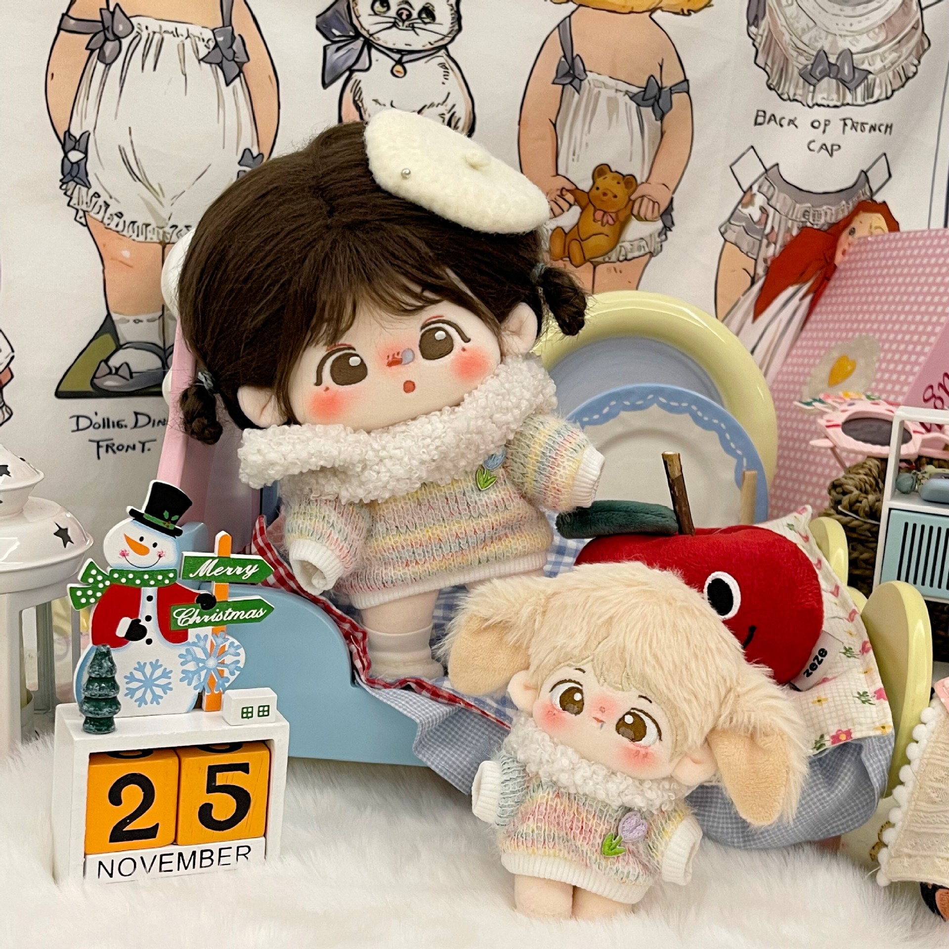 【新品】10cm/20cm棉花娃娃娃衣彩色毛衣+围巾套装