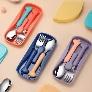 HS Children's Tableware 304 Food Grade Stainless Steel Spoon Fork Portable suit Baby Food Supplementary Food Training Chopsticks