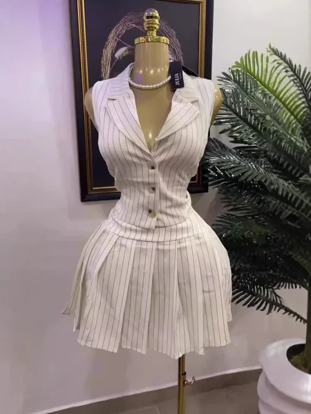 2025 Summer New European and American Cross-Border Women's Fashion Striped Lapel Sleeveless Suit Vest Pleated Skirt Set