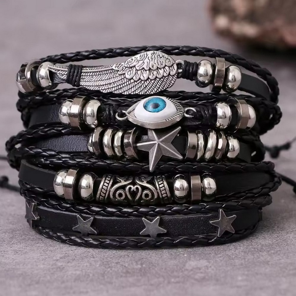 Diy Leather Bracelet Weaving Kit For Men With Skull And Star Beads_voghion.com