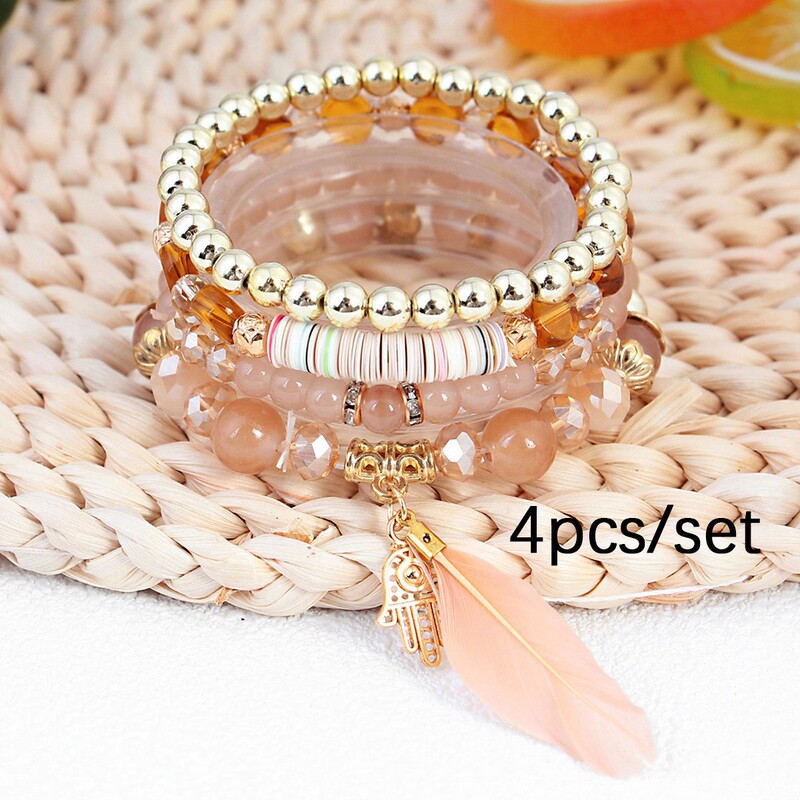 European and American Trendy Four-Piece Bracelet Set, Bohemian Ethnic Style Multi-Layered Beaded Chain Jewelry, Tassel Bracelet
