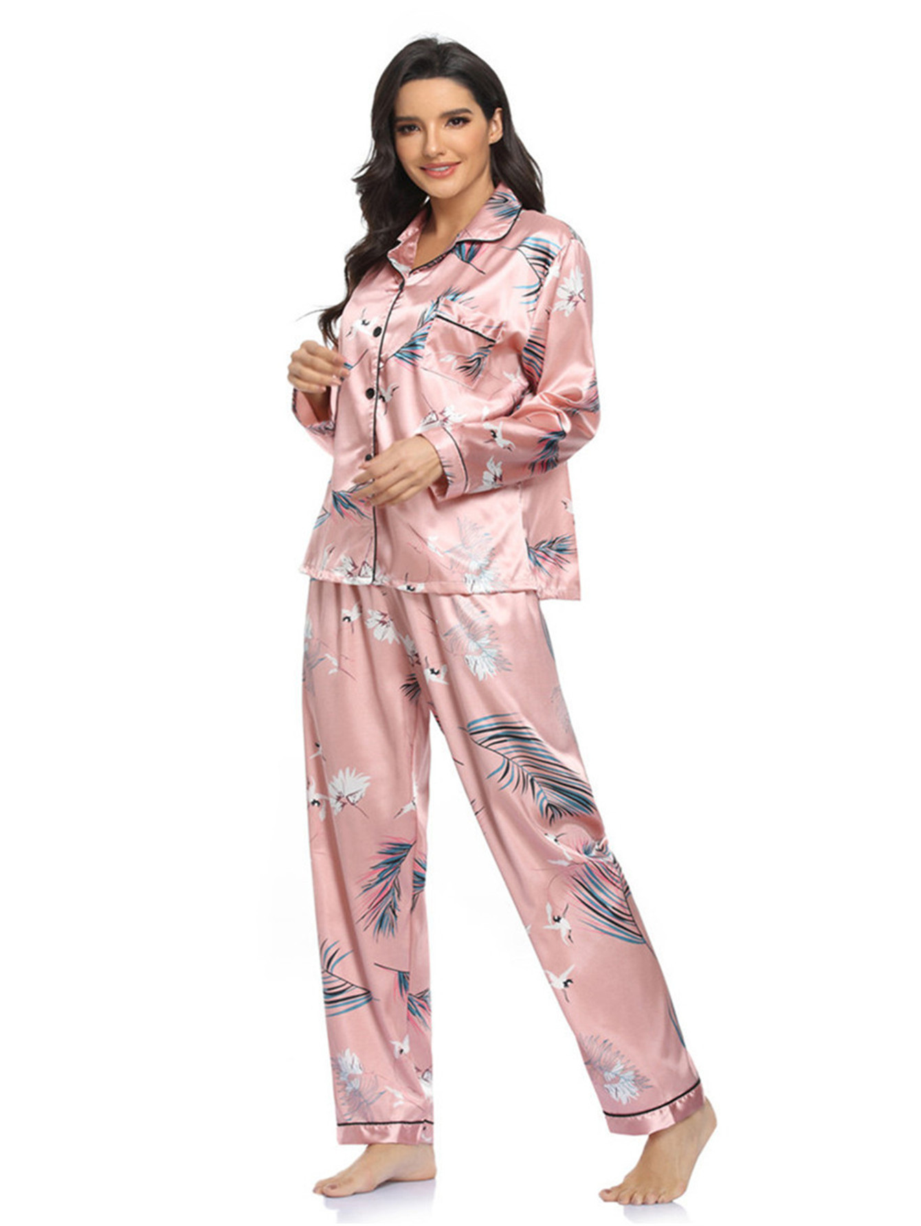 254g Weight Long Sleeve Sleeve Length Single Breasted Placket Type Polyester Fabric Type Regular Top Length Pants Sets Sets Type 2 Piece Set Quantity Home Occasion Turndown Neckline Comfort Function Loose Version Flower, Leopard Pattern Summer, Autumn Season Women'S Gender Button Design Fashion Style Women's Fashion Flower Leopard Polyester Button Pants Sets