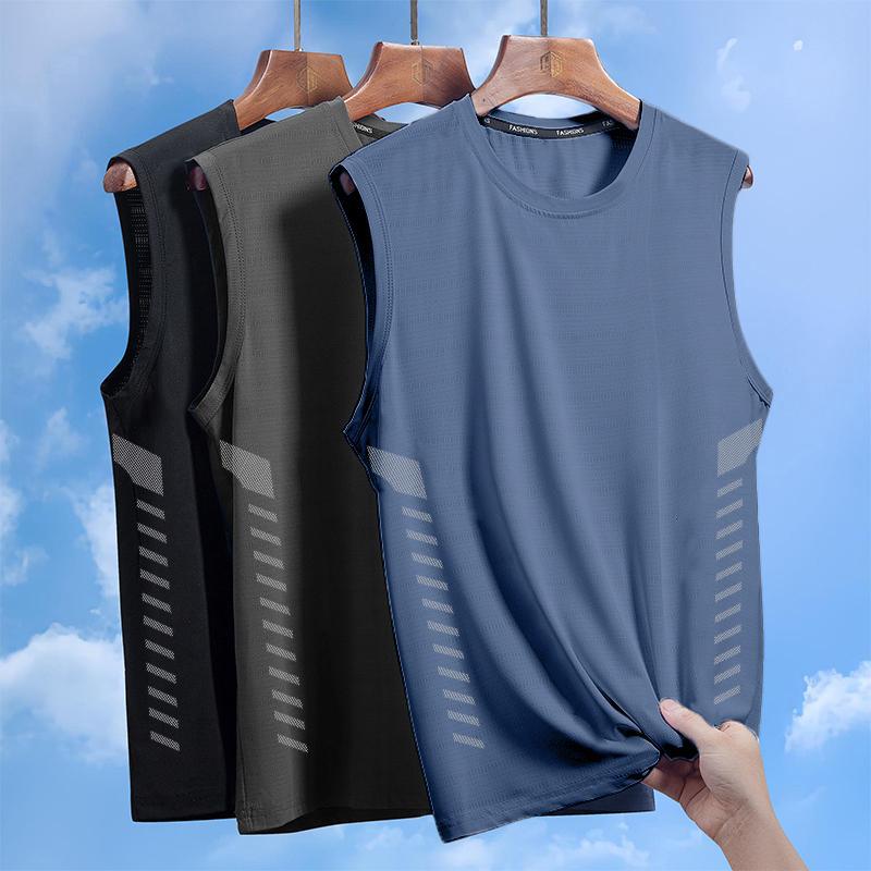Men's breathable, quick-drying, cool-feeling ice silk vest, wide shoulder vest, men's round neck sleeveless t-shirt for sports and leisure.