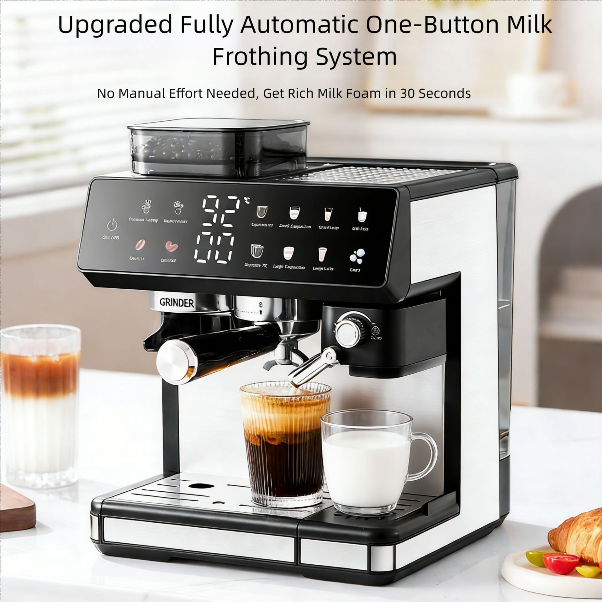 Máquina de café italiana inglesa caliente y frío doble extracción doméstica automática multifuncional molino de oficina molino de frijoles para hacer burbujas de leche