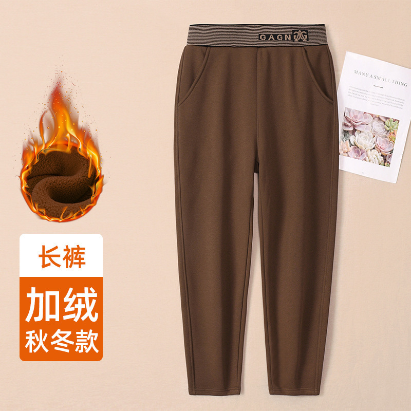 高货棕色秋冬加绒休闲裤高腰显瘦长裤束口小脚裤胖妹妹哈伦裤女|undefined