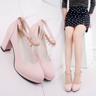 Spring and Autumn New Women's Shoes Pearl Chain High Heels Thick Sole Large Size Thick Heel Professional Single-layer Shoes Working Women's Shoes