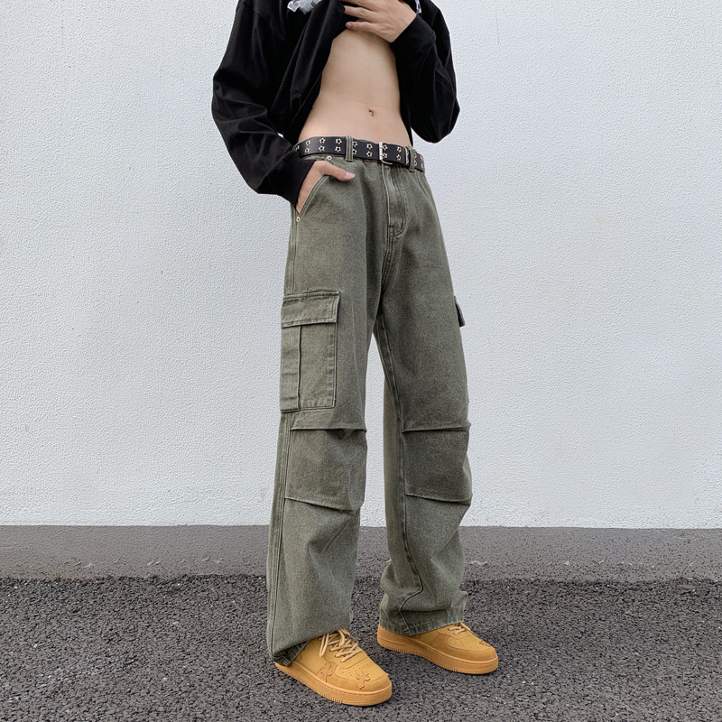 Lktm hombres # americano retro verde del ejército paracaidista trajes de los VIbe Loose straight casual Denim Pantalones