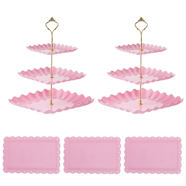 Large wave square 3-layer gold rod pink 2 sets + lace square plate pink 3 pieces
