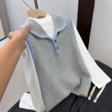 秋冬季新款娃娃领纯羊毛针织马甲女翻领外穿条纹毛线背心短款坎肩
