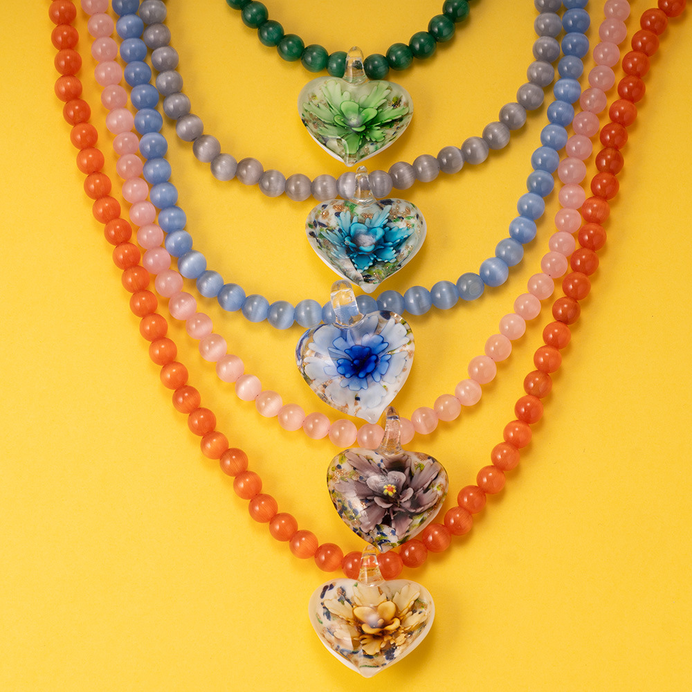 Beaded Chain Chain Type Simple Style Classic Style Heart Shape Cat's Eye Stone Glass Beaded Chain Beaded Necklaces Wholesale