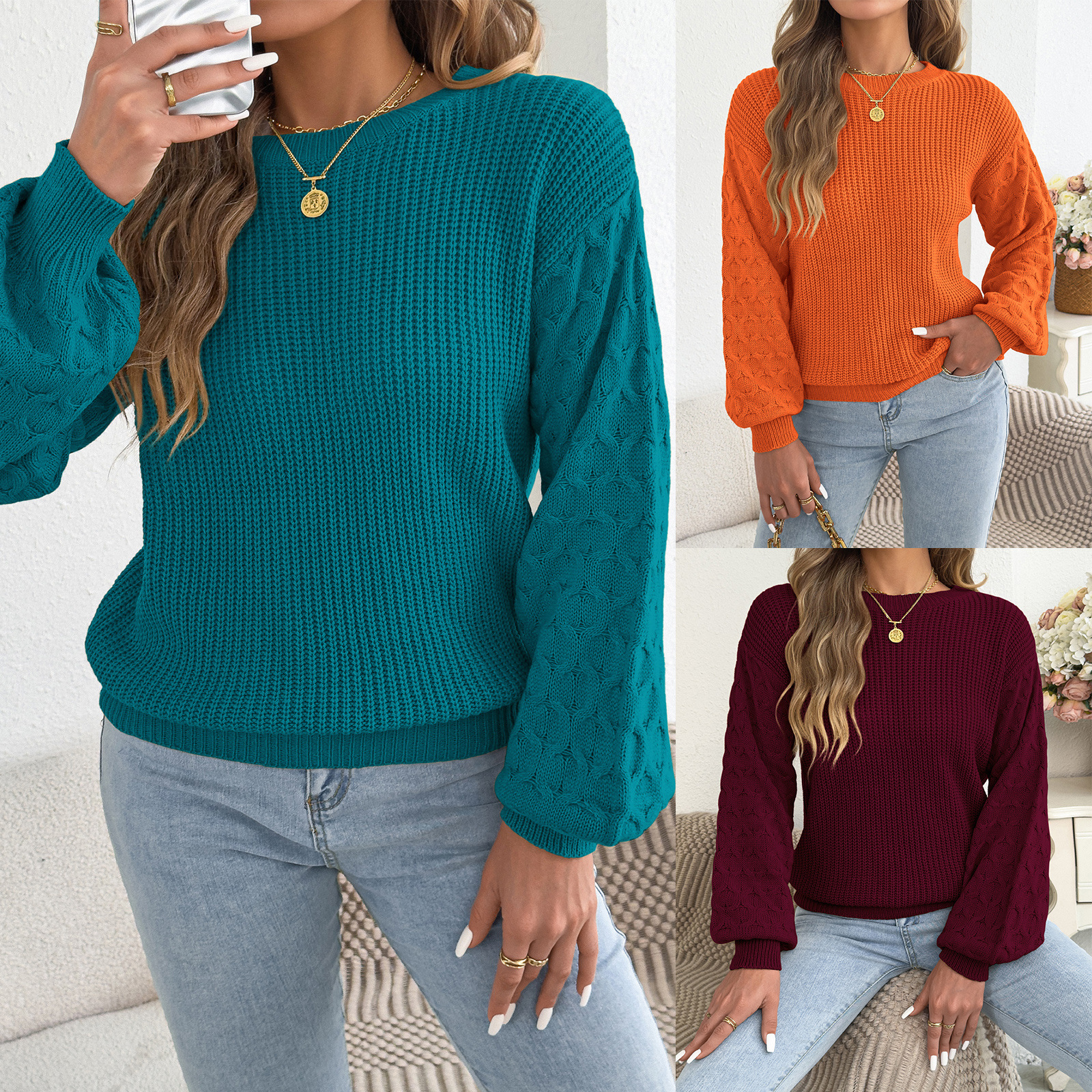Real shot of the 2026 autumn/winter European and American solid-color, textured, cable-knit, long-sleeved sweater – Amazon cross-border women’s clothing