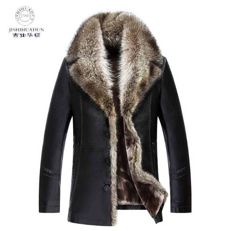 Men's Leather Jacket Winter Fur-Lined Men's Turn-Down Collar European and American Style Mid-Length Coat Business Fur Lining