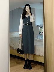 送腰带两件套装春秋新款设计感轻奢衬衫女搭配显瘦背带牛仔A字裙