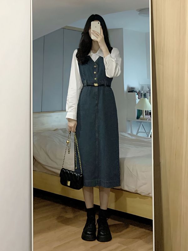 送腰带两件套装春秋新款设计感轻奢衬衫女搭配显瘦背带牛仔A字裙|undefined