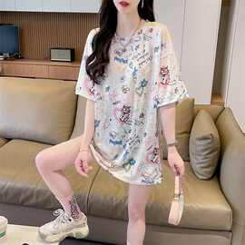 夏季冰丝中长薄款短袖t恤女宽松欧货减龄洋气超仙微透高级感上衣