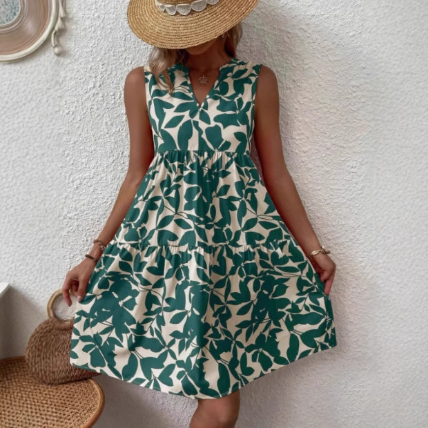 Petite Bohemian Fashion V-Neck European and American Loose A-Line Ruched Printed Sleeveless Tank Dress Dress