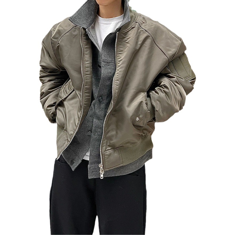 Invierno americano retro falso de dos piezas de béisbol uniforme de algodón acolchado abrigo hombres ins costura contraste color engrosado piloto de algodón acolchado abrigo de moda