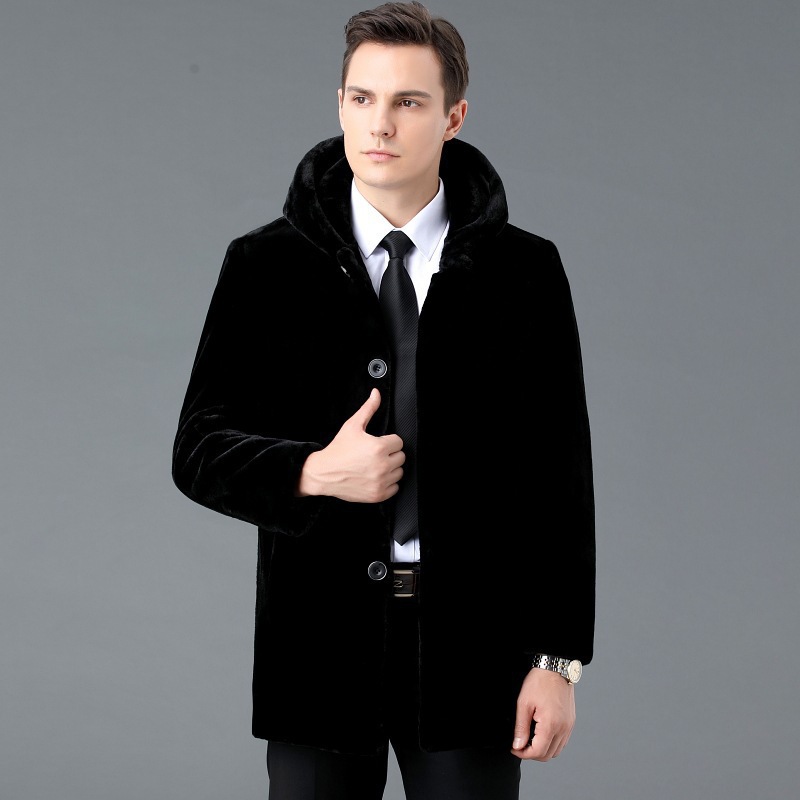 2024 New Fashion Men's Mink Coat Men's Whole Mink Fur Haining Thickened Hooded Jacket for Middle-aged