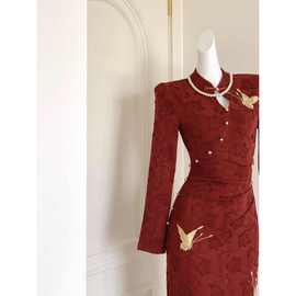 旗袍改良年轻款少女红色敬酒服巨好看的早秋连衣裙女有吊牌