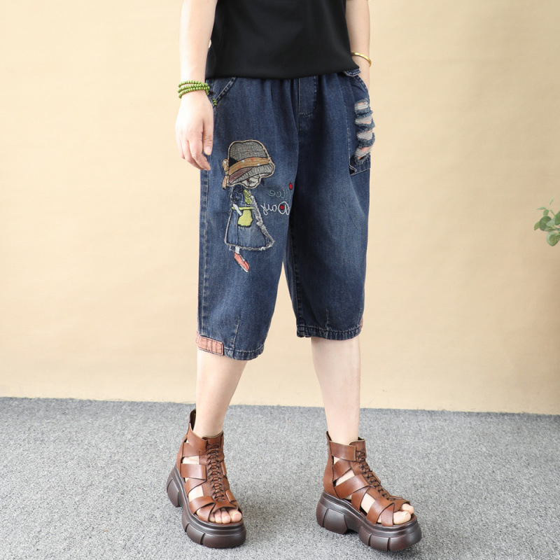 [4570 people's collection] summer retro do old cartoon girl patch Denim six pants women loose hole five
