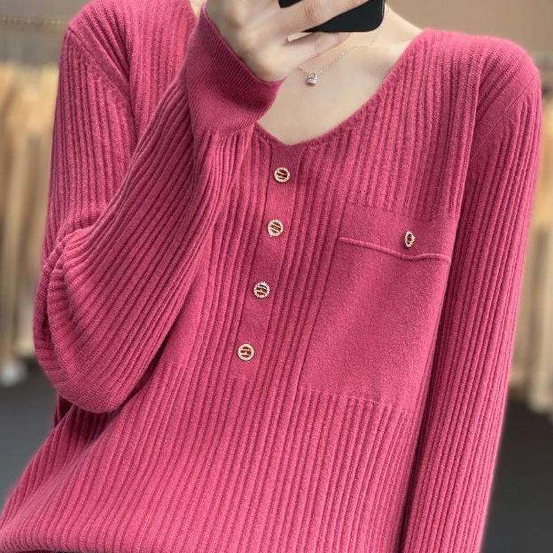 【 Cashmere Family】 Maglione con cappuccio e scollo a V, stile corto, temperamento sciolto, maglione di base in lana, maniche lunghe da donna_voghion.com