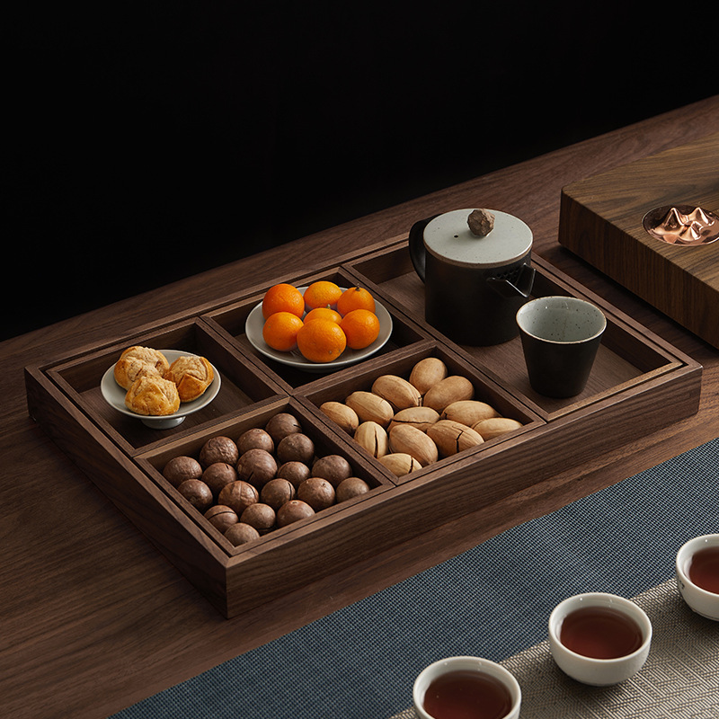 Black Walnut Solid Wood Tray Retro Rectangular Wooden Household Tray for Dried Fruits, Fruit, Tea, and Cups, Six-Piece Set