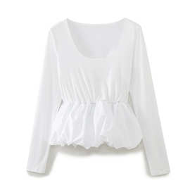 BZL2024欧美风春女装新款白色九分短裙式拼接衬衫 3835图片色涤纶