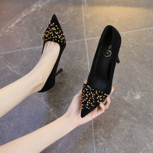 898-523 French Light Luxury Handmade Women's Shoes New Socialite Suede Shallow Mouth Single Shoes Not Tired Feet Pointed High Heels
