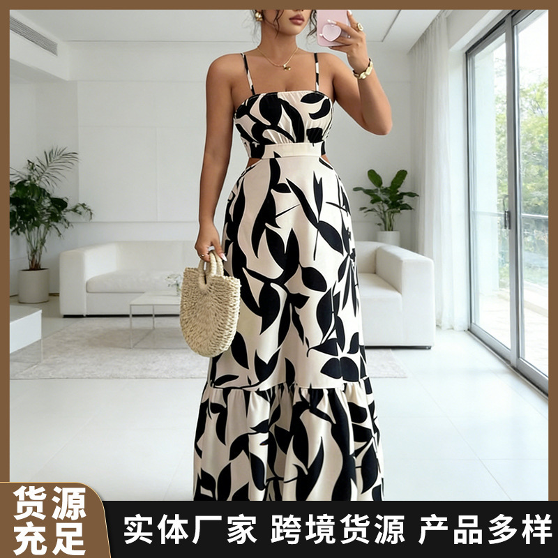 2026 Summer New Tropical Floral Print Vacation Style Spaghetti Strap Dress with Slanted Shoulder and Slit, Elegant Long Dress