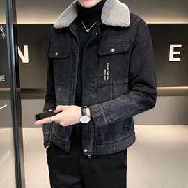 加绒加厚牛仔外套男时尚冬季新款潮流修身帅气羊羔毛棉衣翻领夹克