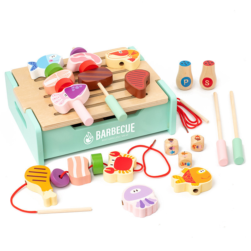 Parrilla de barbacoa de simulación de madera para niños, juego de pinchos de cocina de juguete, pinchos para niños y niñas, bloques de construcción de juegos image 8