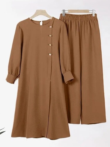 H718 Muslim Women's Fashion Elegant Solid Color Irregular Long Shirt Top Wide Leg Pants Robe