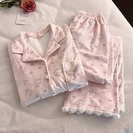 甜美雪芙小狗德绒睡衣女冬季加绒加厚保暖长裤家居服套装外穿