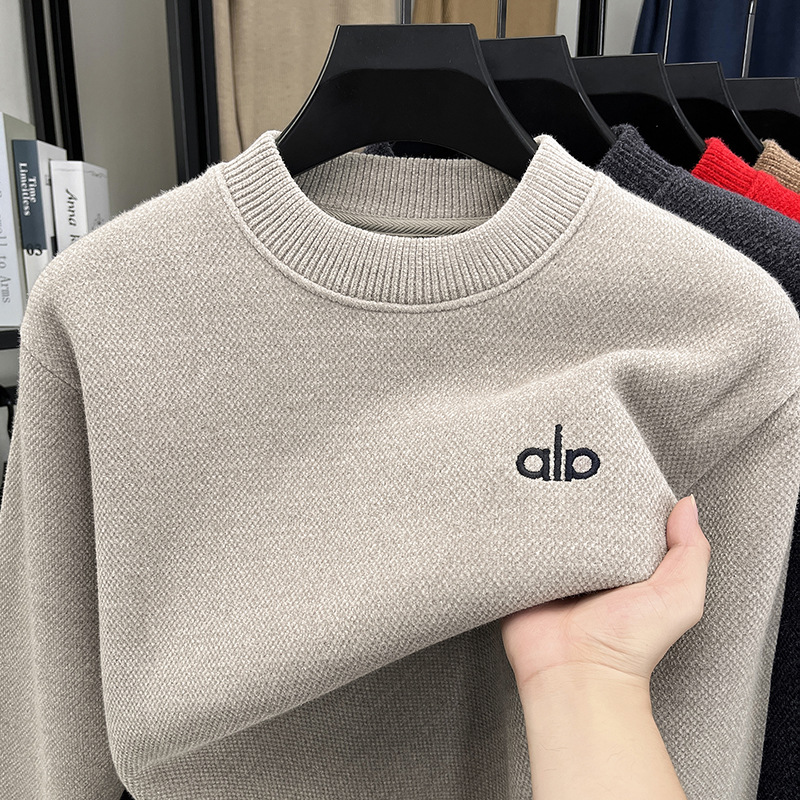 Winter New Ferret Velvet Long-Sleeved Round Neck Knitwear Fleece-Lined Thickeneded Warm Fashion Embroidered Bottoming Knitwear Men's Clothing