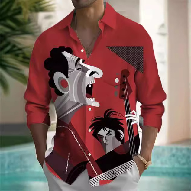 Summer New Men's Shirt 3D Printing Stitching Cartoon Rock Hawaiian Shirt Casual Lap Shirt