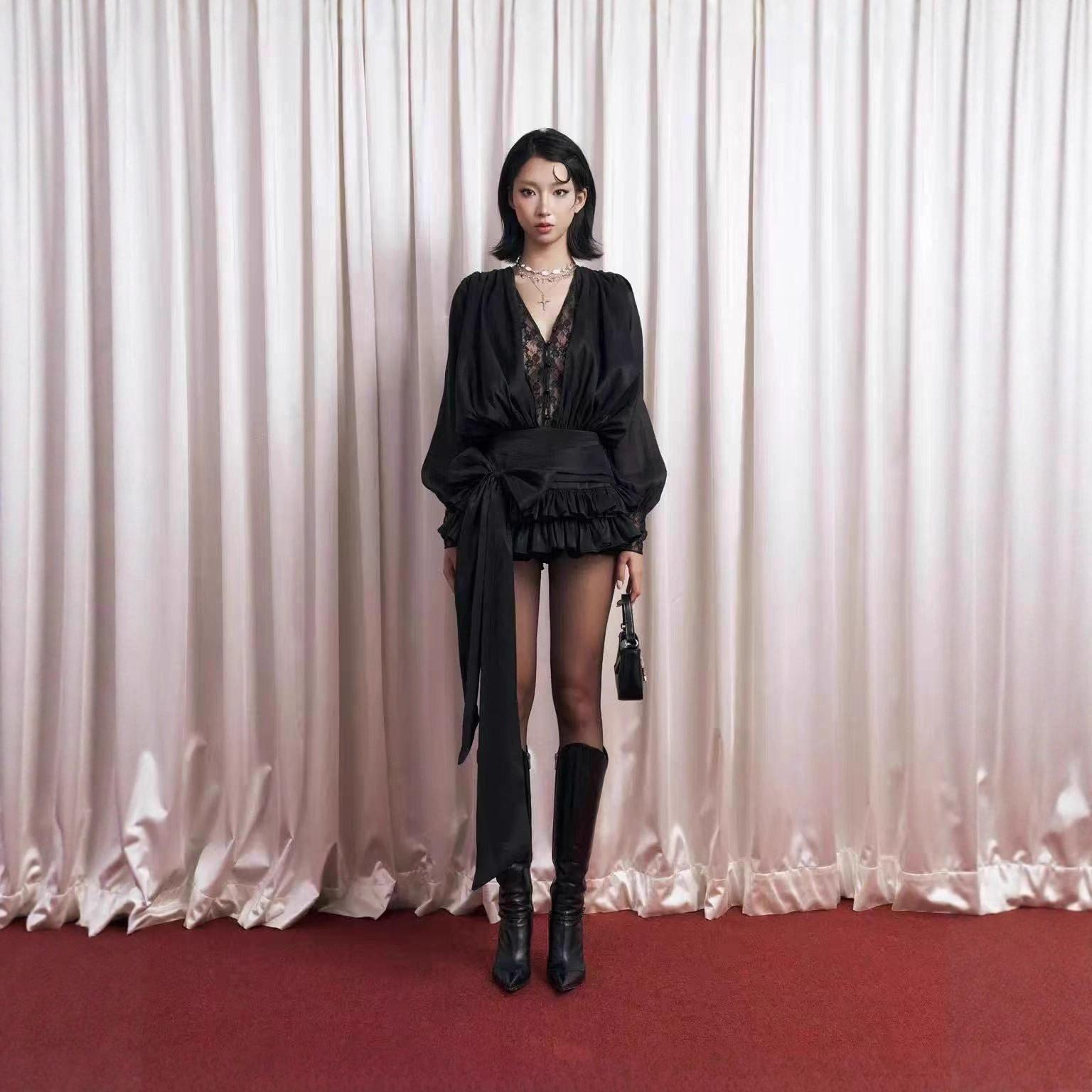 Vietnamese Niche Design Chanclo*I New Fashion Sexy Long-Sleeved Waistband Bow Puffy Skirt