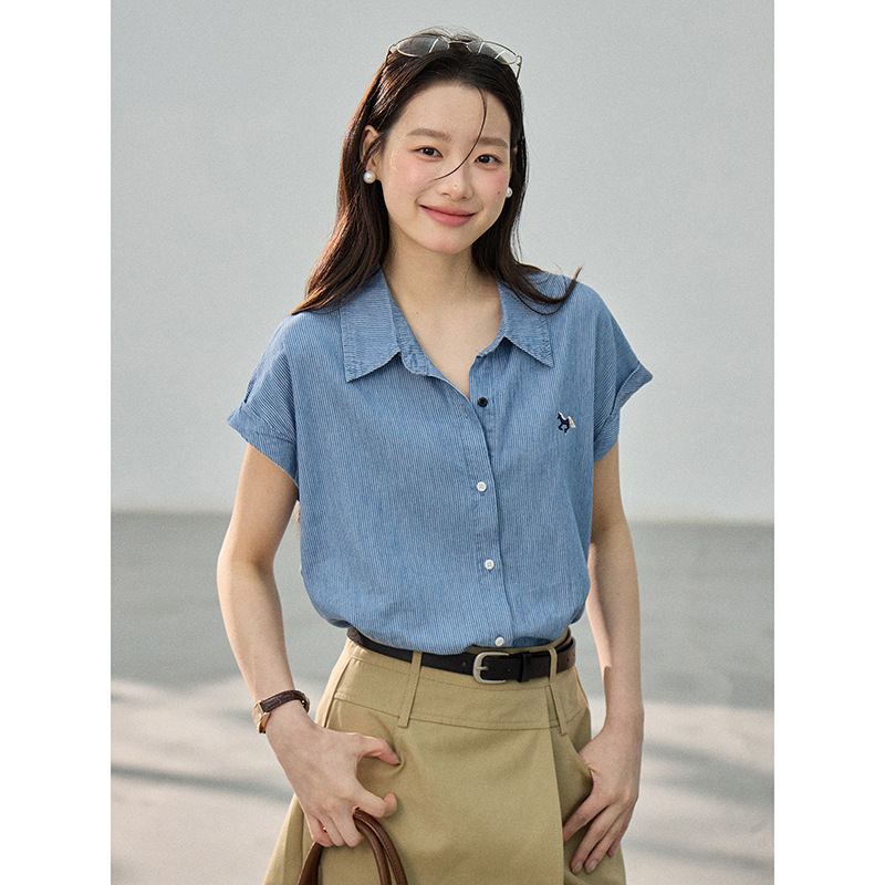 【Geming】Korean-Style Single-Breasted Striped Shirt with Turn-Down Collar, Guangzhou Shisanxing Summer Short-Sleeve Top for Women Bg158