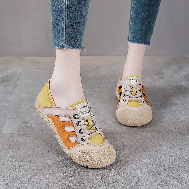 Giày sneaker nữ da bò retro đế bằng phong cách thể thao — màu hồng