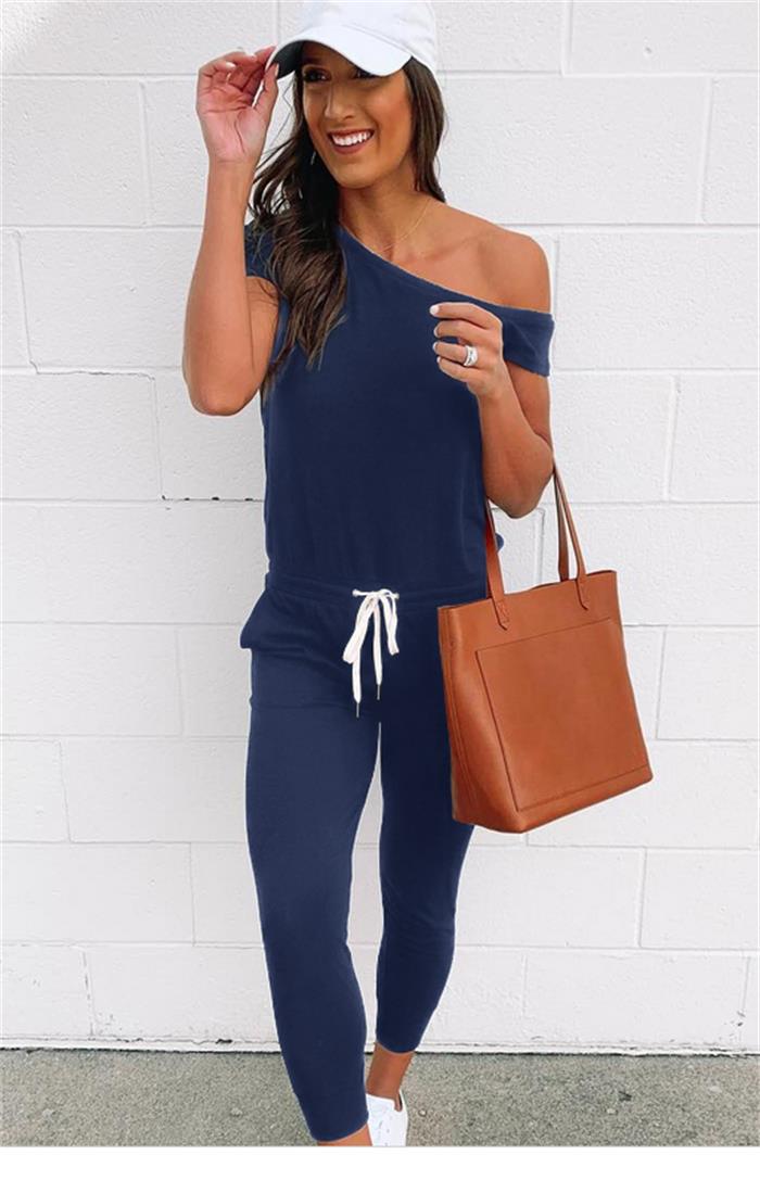 Women's Off-shoulder Jumpsuit With Pockets And Lace-up Details_voghion.com