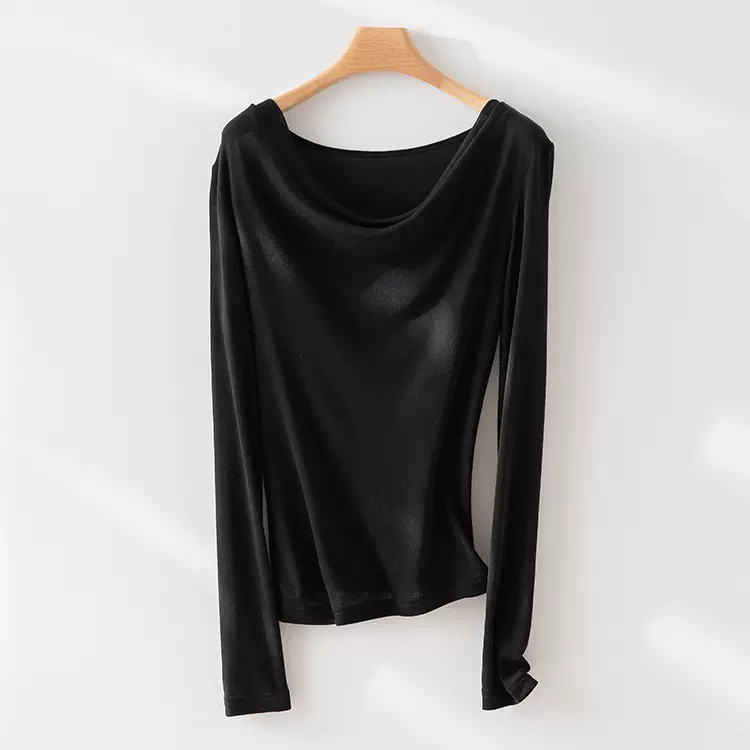 软糯裸感 天丝羊毛荡领针织衫上衣女早秋套头长袖百搭显瘦打底衫