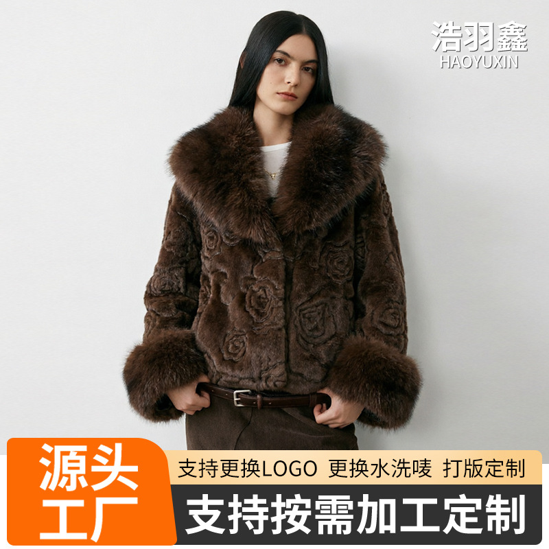 跨境贵妇玫瑰短款秋冬环保毛加厚外套皮毛一体仿皮草气质一体时尚