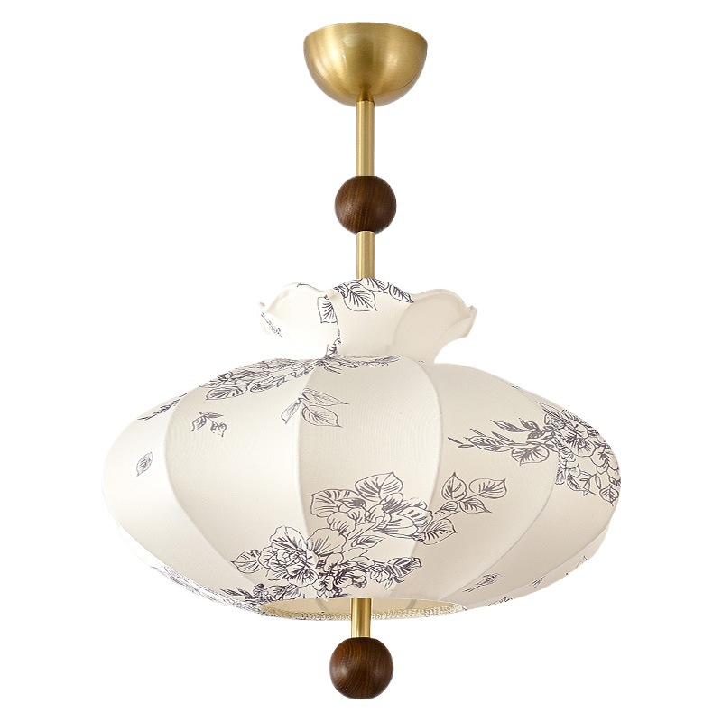 Araña de dormitorio retro de estilo francés, patrón de tela, restaurante medieval, madera maciza Nanyang, viento silencioso, luz principal de la habitación cálida