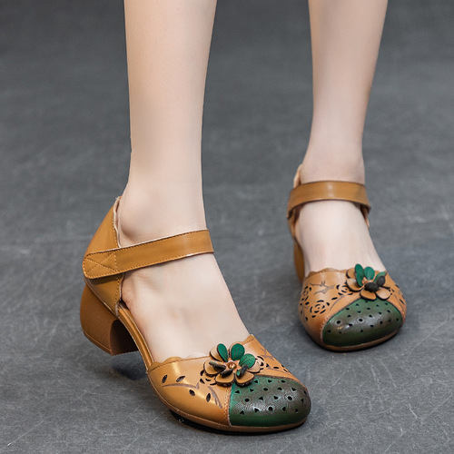  Summer New Women's Medium Hollow Sandals Ethnic Style Top Grain Leather Thick Heel Magic Tape Flower Embroidered Colorful Shoes