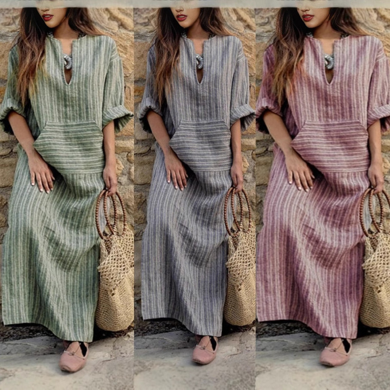 Large Quantities in Stock, Popular on Amazon and Other Cross-Border Independent Websites, New European and American Style Cotton and Linen Striped Loose Dress Large Quantities in Stock, Popular on Amazon and Other Cross-Border Independent Websites, New European and American Style Cotton and Linen Striped Loose Dress