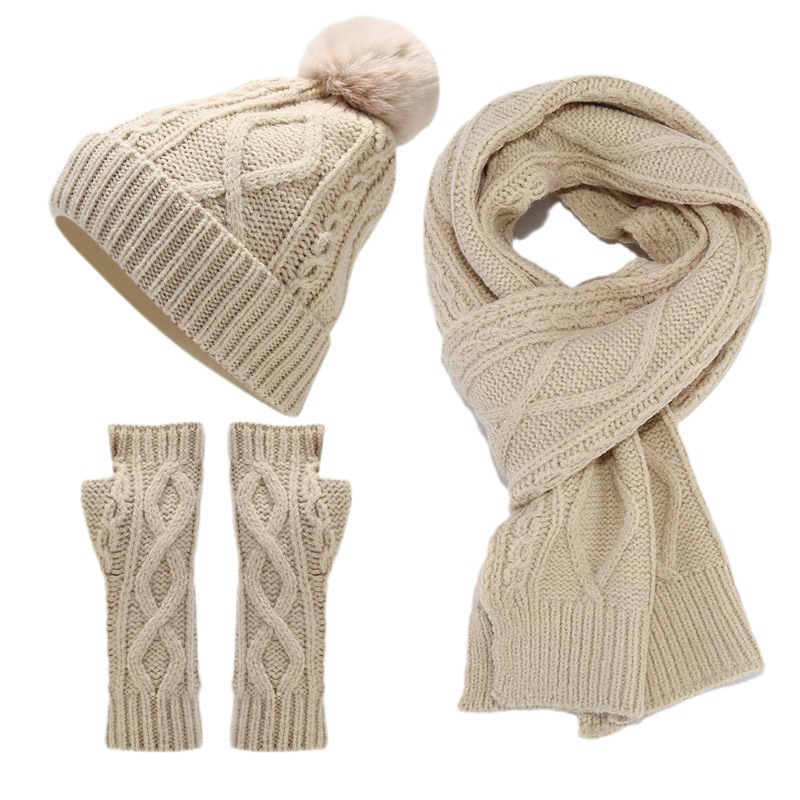 Ny Fried Dough Twists stickad mössa, halsduk, handskar, tredelad set för kvinnor under höst och vinter_voghion.com