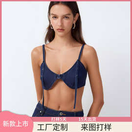工厂定制欧美跨境新款性感牛仔蓝肩带上衣女