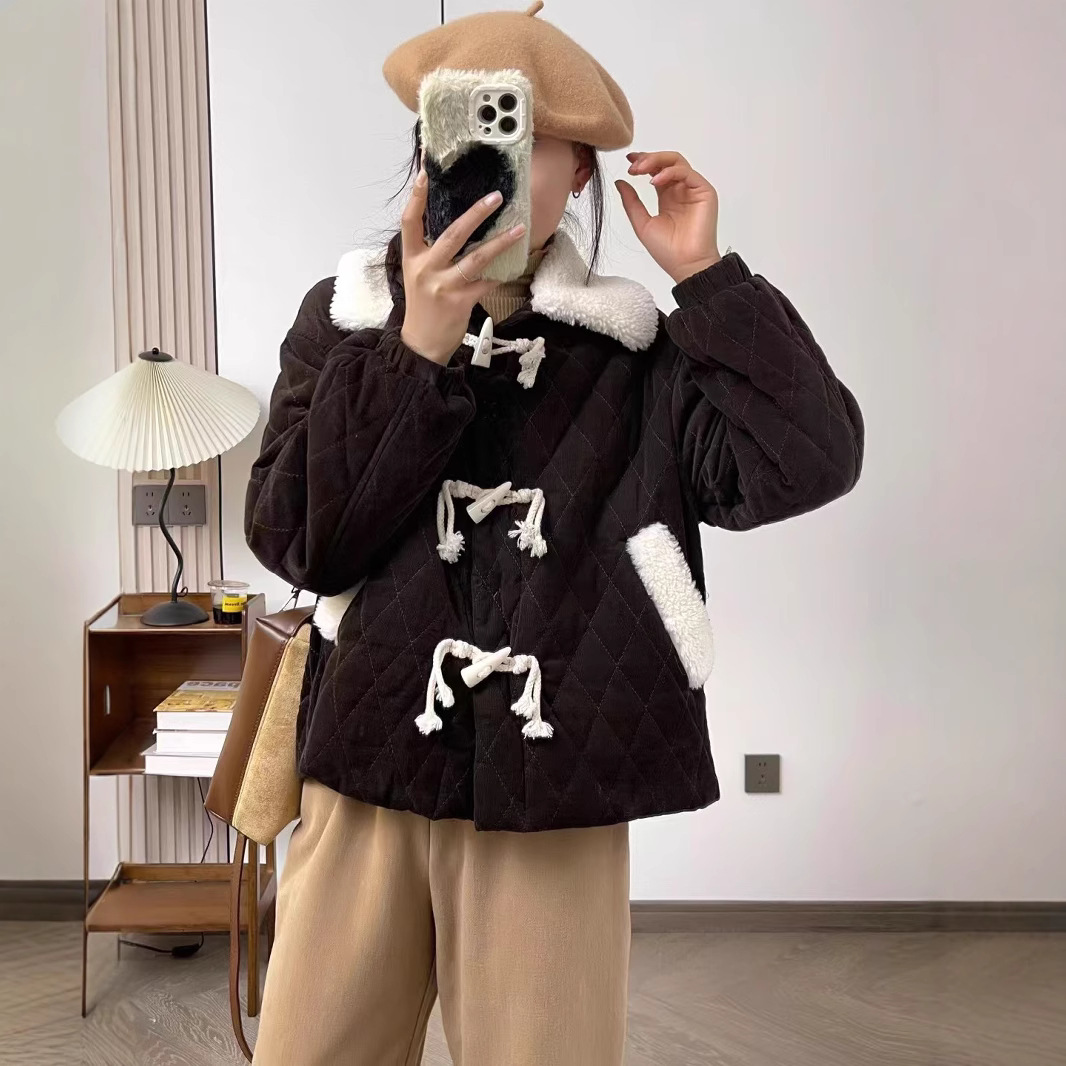 (2개) 빈티지 예술 양모 인형 칼라 코튼 코트 따뜻한 코튼 코트 가을과 겨울 새로운 코듀로이 짧은 코트 여성용 코듀로이 버클