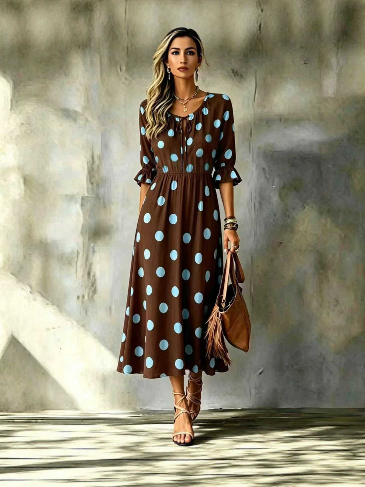 2026 New Cross-Border Women's Fashion European and American Style Waist-Cinching Slimming Mid-Length Resort-Style Polka Dot Print Dress