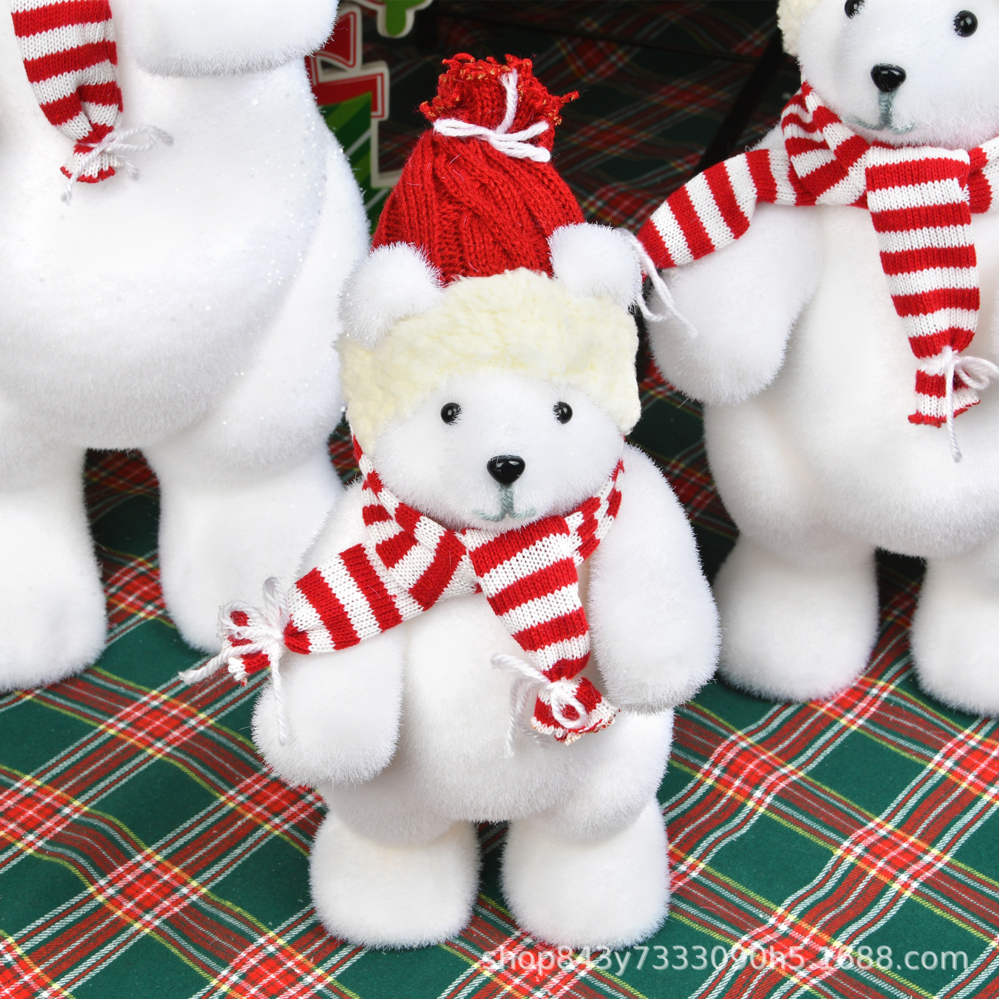 Navidad blanco flocado osos adornos de decoración ventanas rojas grandes y medianas decoración de la sala de exposiciones osos adornos de bebé