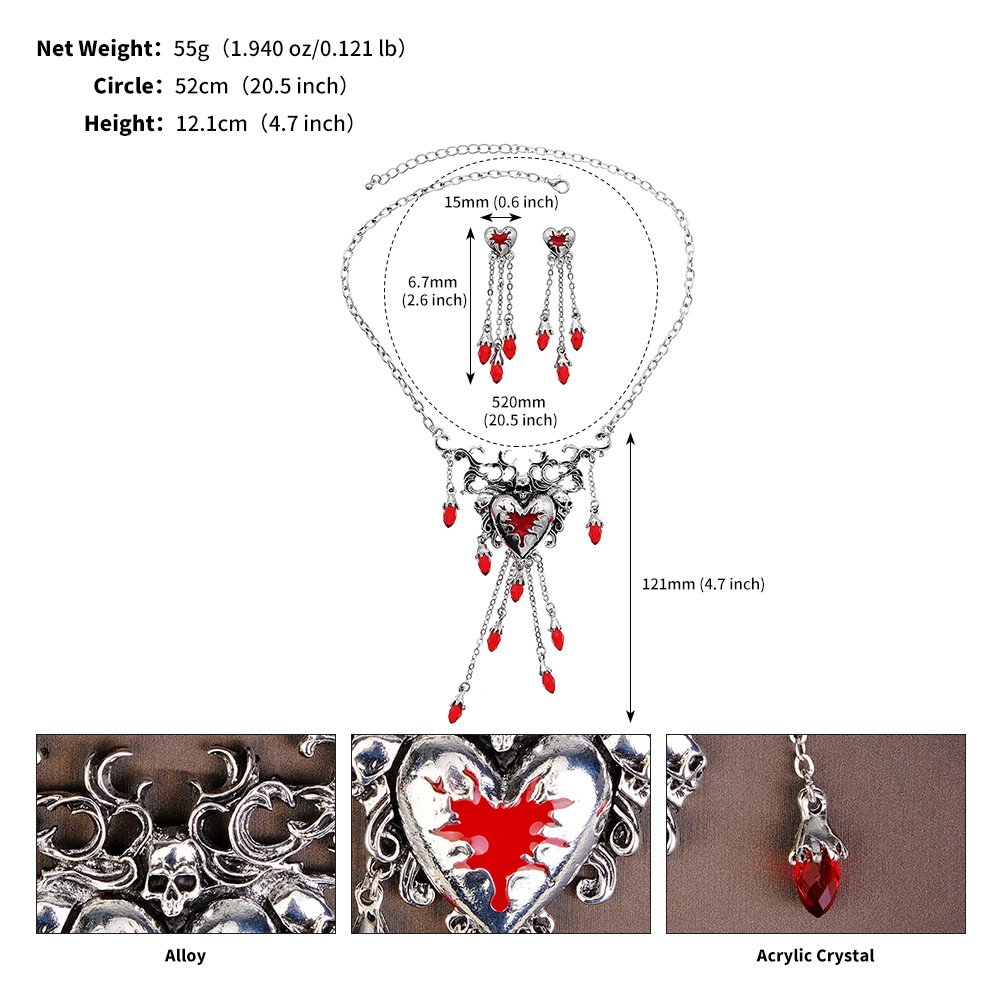 Vente chaude Halloween bijoux collier ensemble exagéré bal de promo fête habiller rouge coeur crâne boucles d'oreilles collier 2 pièces ensemble_voghion.com